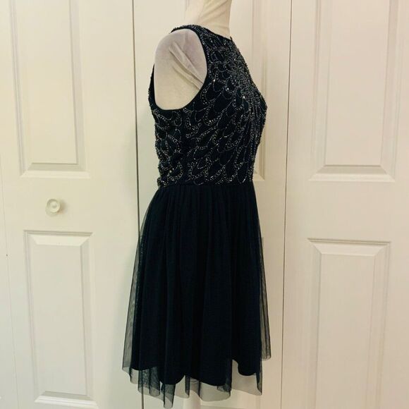 Lace & Beads Navy Blue Beaded Tulle Pleated Skirt Dress Medium - Picture 8 of 13